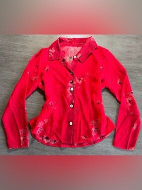 Vintage Sheer Button Down Shirt Maroon Floral S